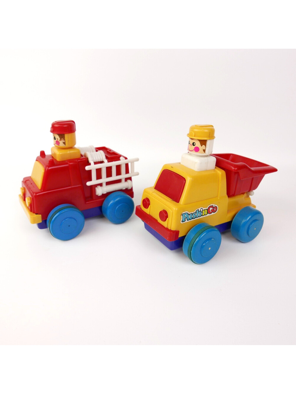 Vintage TOMY Push N Go Red Fire Truck & Yellow Dump Truck Toys Friction 1975